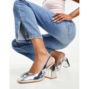 ASOS Glamorous Slingback Block Heeled Shoes Heels Chrome Chunky Heel Buckle
